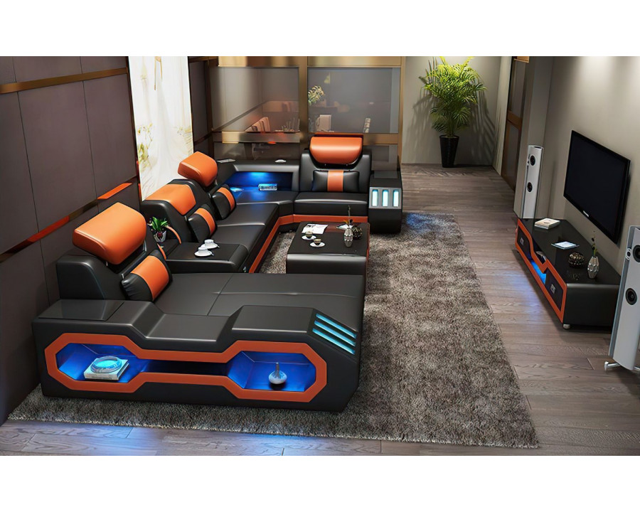 Jubilee Bigelow Left Hand Facing Sectional with USB Charger - Black/Orange, Bonded Leather