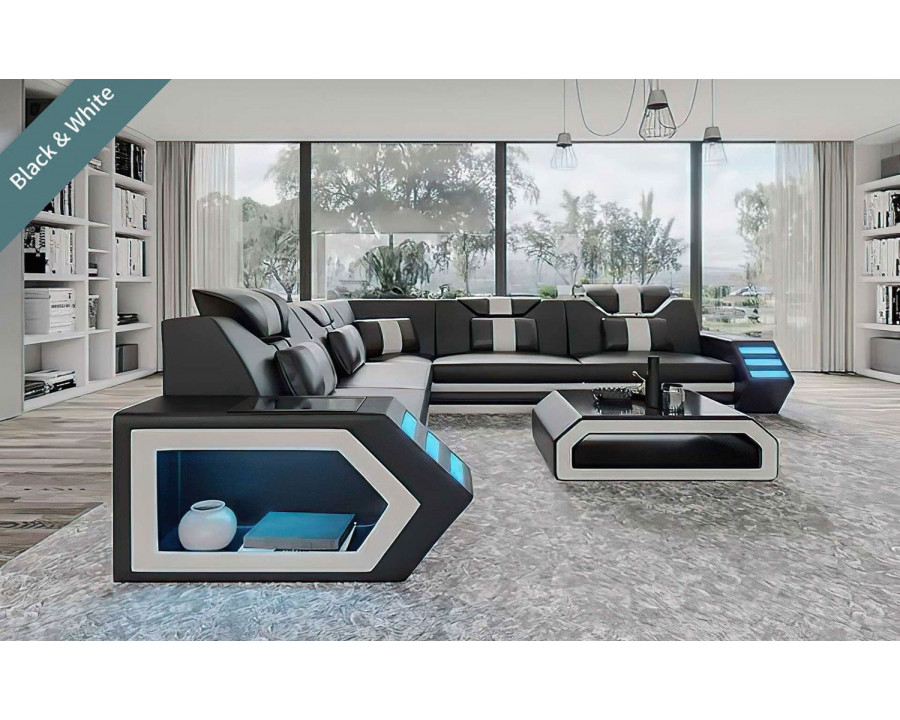 Jubilee Mcmanu Modern Sectional with Led - Black/White, Bonded Leather