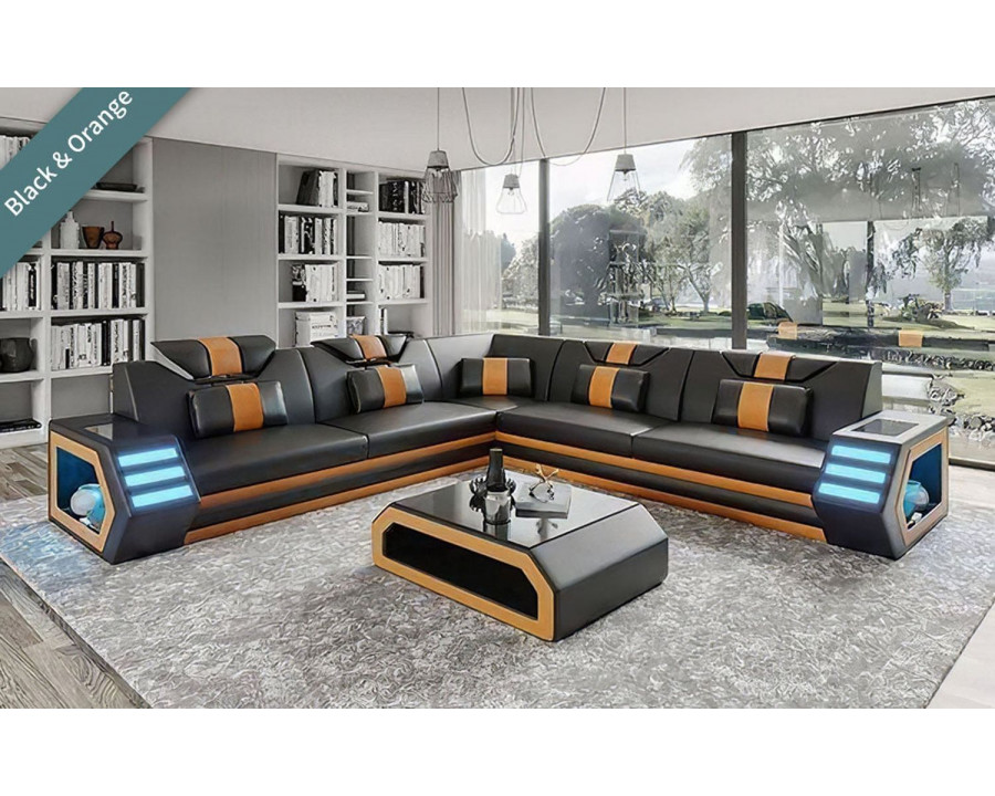 Jubilee Mcmanu Modern Sectional with Led - Black/Orange, Bonded Leather