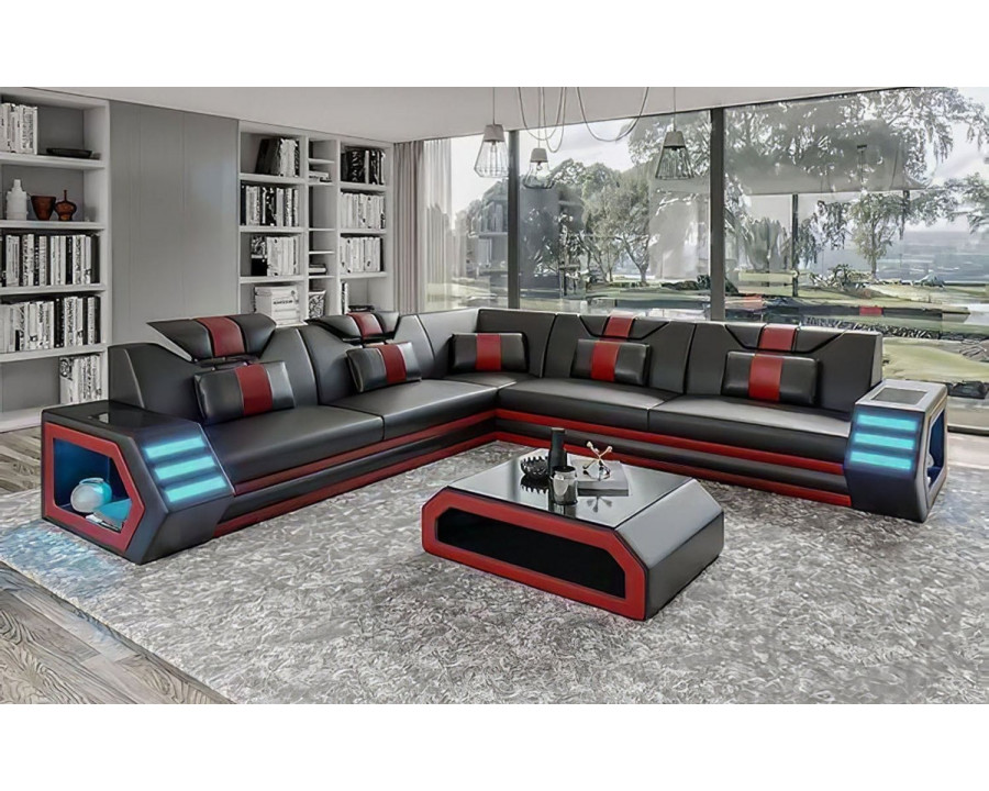 Jubilee Mcmanu Modern Sectional with Led - Black/Red, Bonded Leather