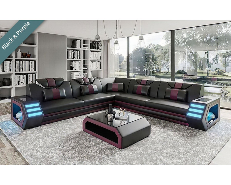 Jubilee Mcmanu Modern Sectional with Led - Black/Purple, Bonded Leather