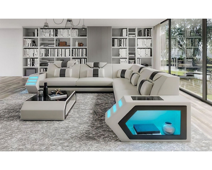 Jubilee Mcmanu Modern Sectional with Led - White/Black, Bonded Leather