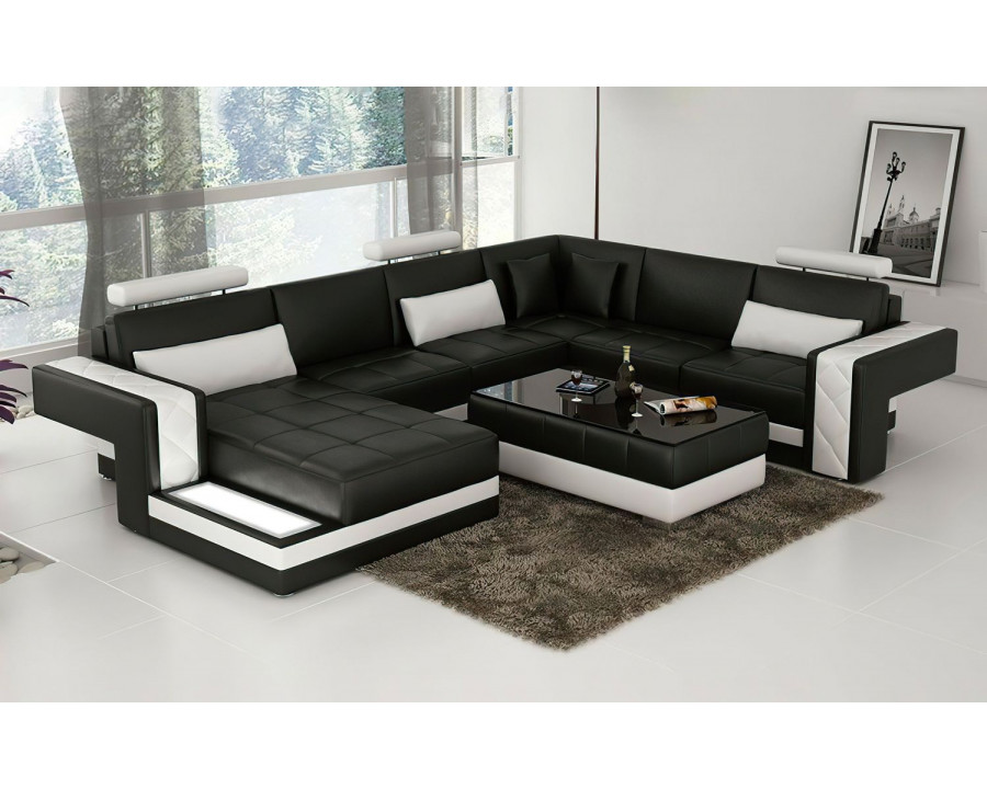 Jubilee Cuko Modern Large Left Hand Facing Sectional with Led - Black/White, Bonded Leather