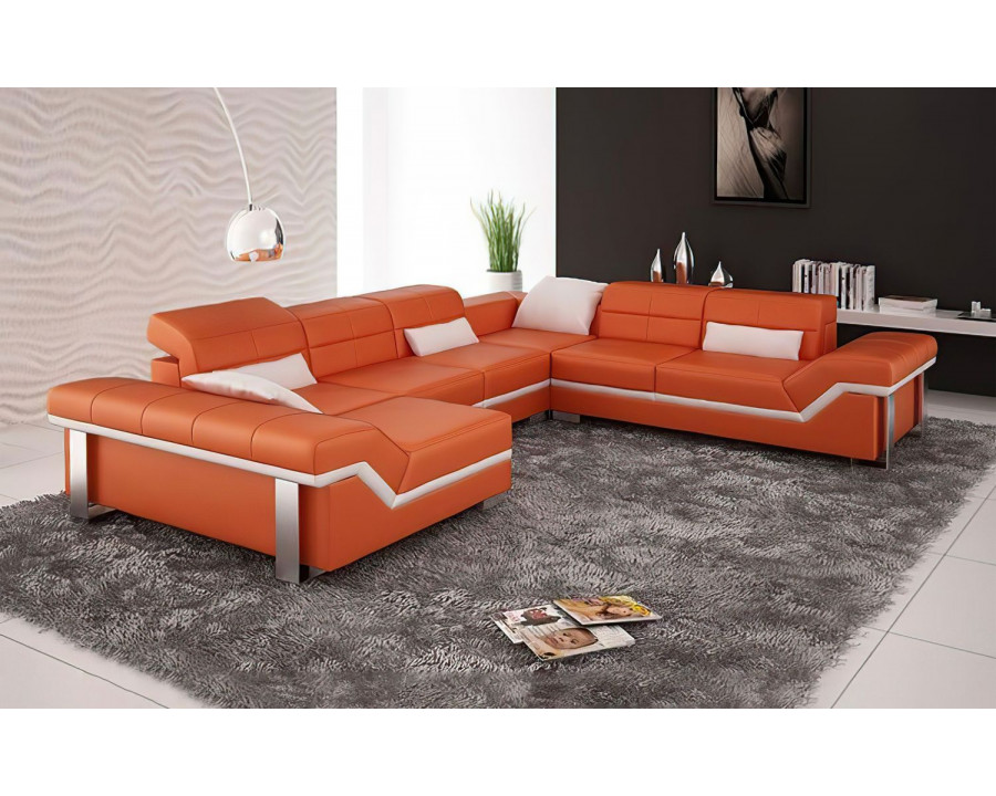 Jubilee Pivot Large Left Hand Facing Sectional with Adjustable Headrest - Orange/White, Bonded Leather