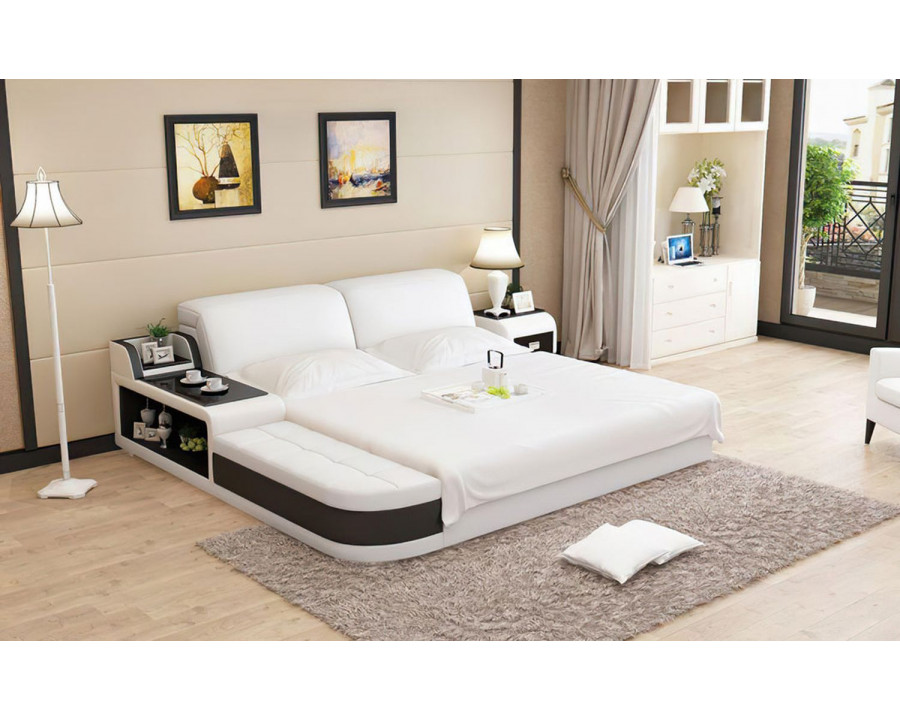 Jubilee Casun Queen Size Left Hand Facing Bed with Storage - White/Black, Italian Top Grain Leather