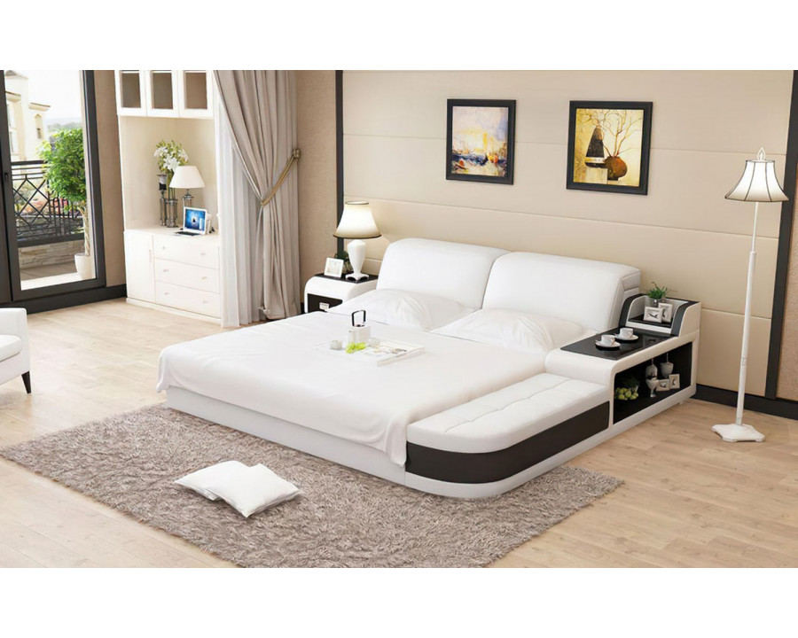 Jubilee Casun King Size Right Hand Facing Bed with Storage - White/Black, Italian Top Grain Leather