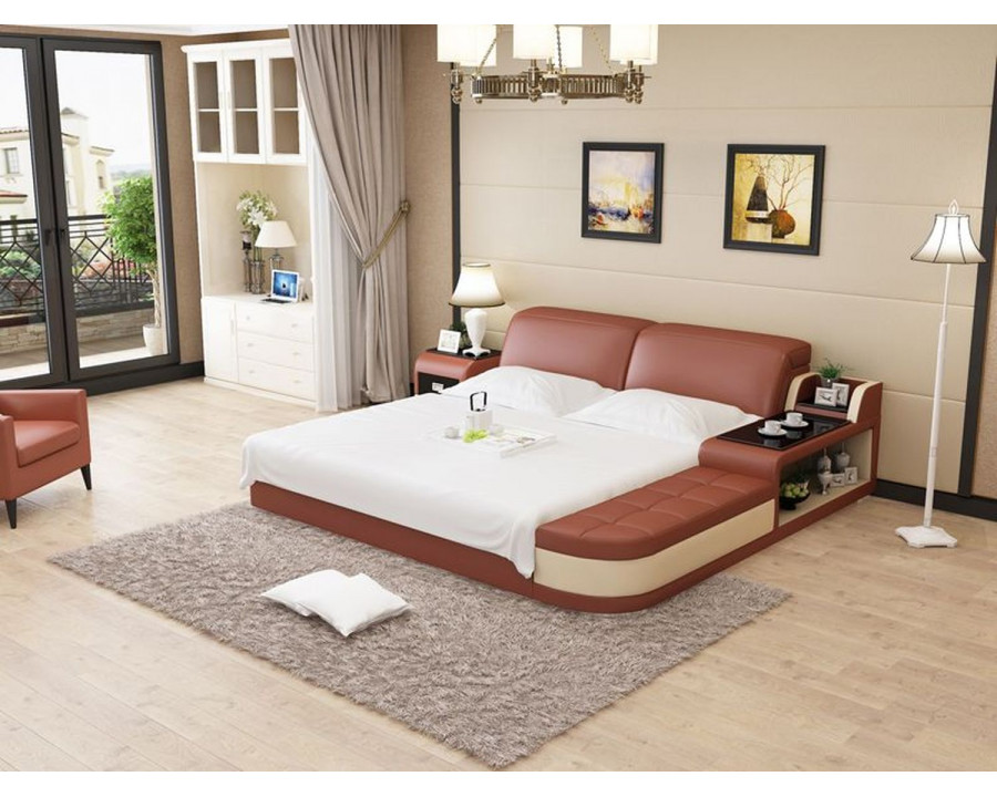 Jubilee Casun Queen Size Both Hand Facing Bed with Storage - Brown/Beige, Bonded Leather