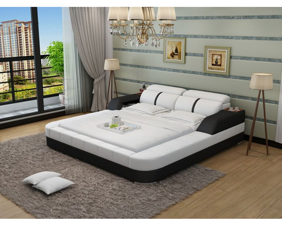 Jubilee Denya Modern Queen Size Bed with Storage - White/Black, Italian Top Grain Leather