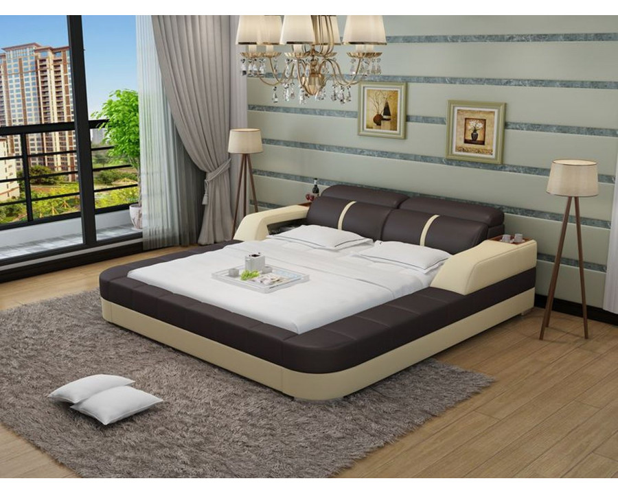 Jubilee Denya Modern Queen Size Bed with Storage - Dark Brown/Beige, Bonded Leather