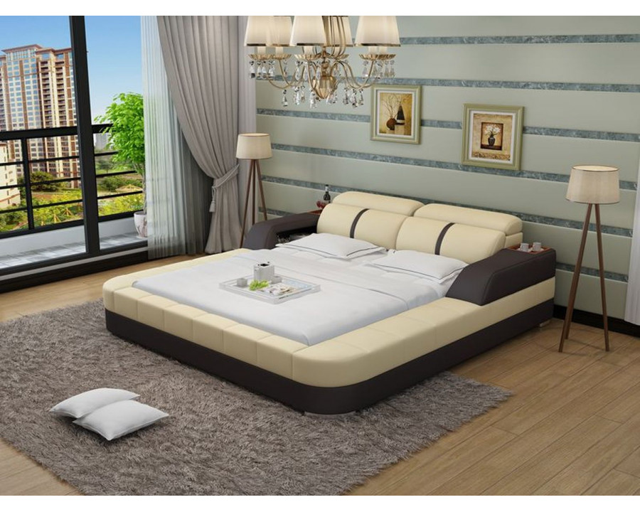 Jubilee Denya Modern Queen Size Bed with Storage - Beige/Dark Brown, Italian Top Grain Leather