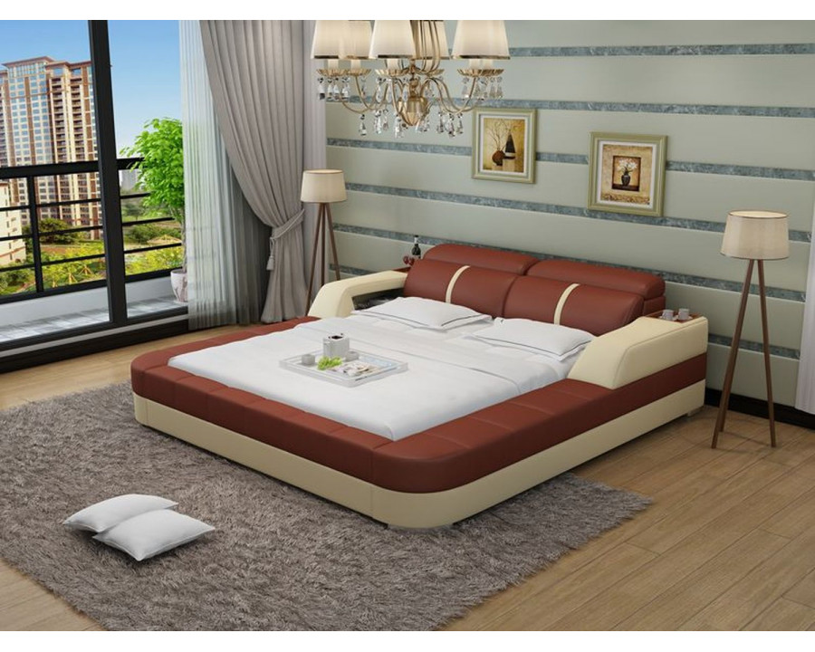 Jubilee Denya Modern Queen Size Bed with Storage - Beige/Brown, Bonded Leather