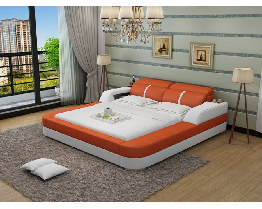 Jubilee Denya Modern Queen Size Bed with Storage - White/Orange, Bonded Leather