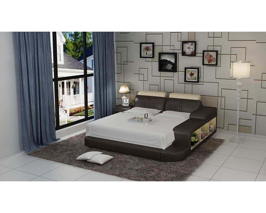 Jubilee Golden Queen Size Both Hand Facing Bed with 3 Storages - Dark Brown/Beige, Bonded Leather