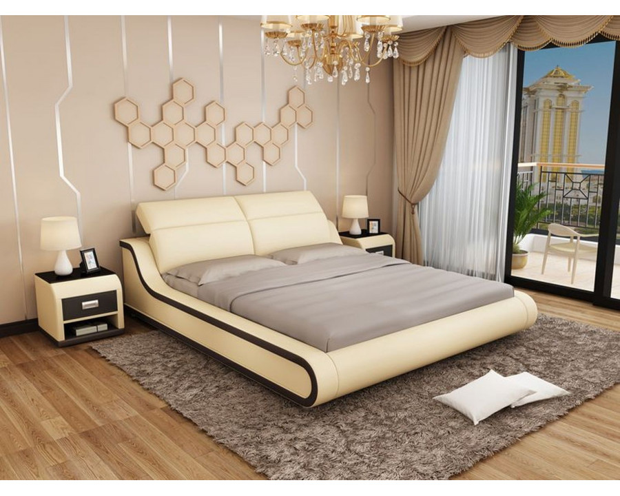 Jubilee Hillsby Modern Queen Size Platform Bed - Beige/Dark Brown, Italian Top Grain Leather