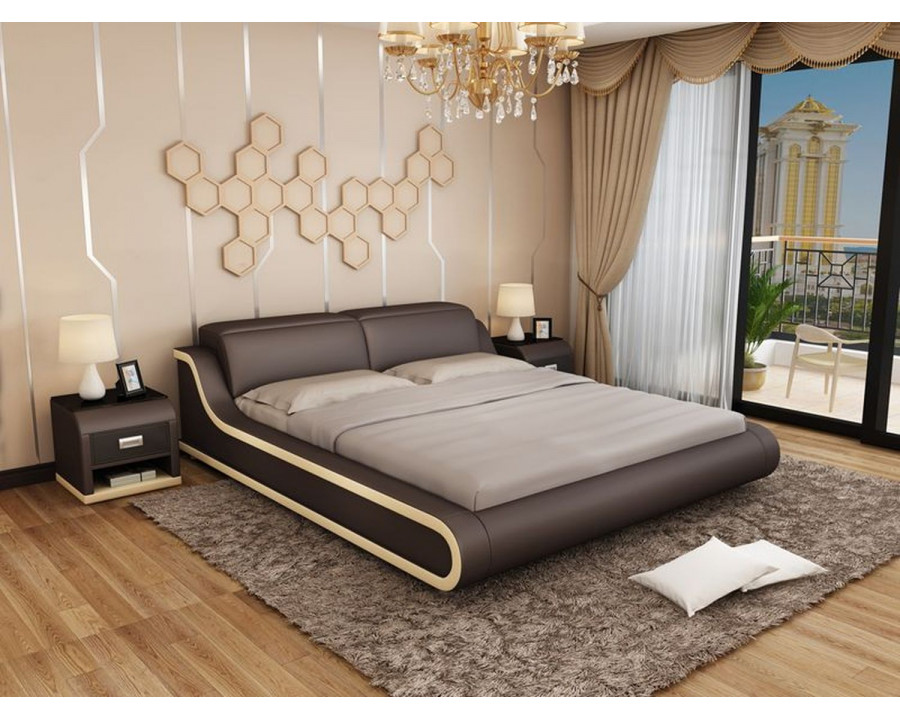 Jubilee Hillsby Modern King Size Platform Bed - Dark Brown/Beige, Italian Top Grain Leather