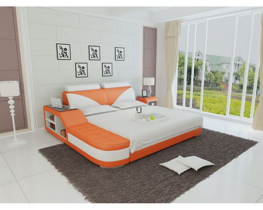 Jubilee Indira Queen Size Left Hand Facing Bed with Storage - Orange/White, Italian Top Grain Leather