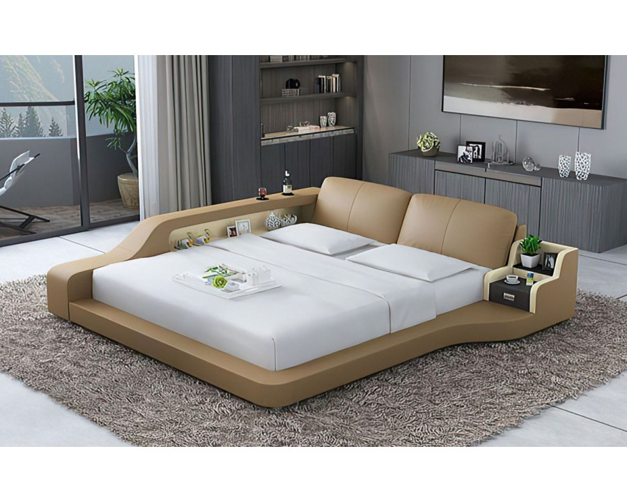 Jubilee Mcguire Queen Size Right Hand Facing Bed with Storage - Tan/Beige, Bonded Leather