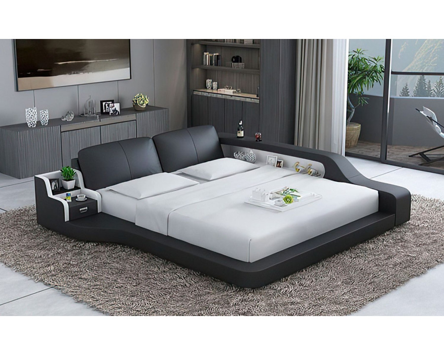 Jubilee Mcguire King Size Right Hand Facing Bed with Storage - Black/White, Italian Top Grain Leather