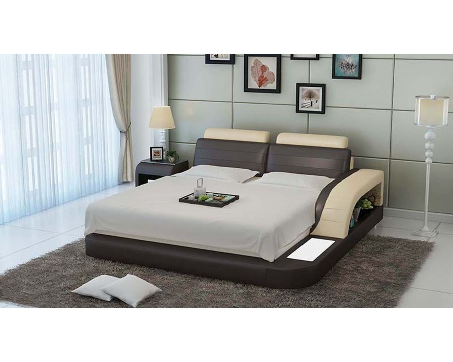 Jubilee Nathanson Queen Size Left Hand Facing Bed with Storage - Dark Brown/Beige, Bonded Leather