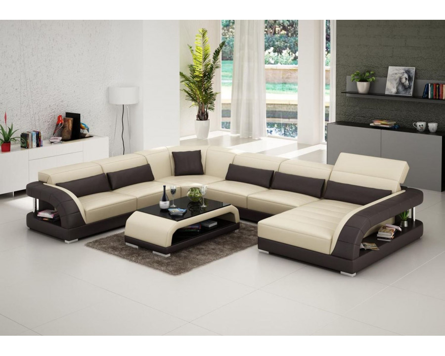 Jubilee Copenhagen Modern Right Hand Facing Sectional with Coffee Table - Beige/Dark Brown, Bonded Leather