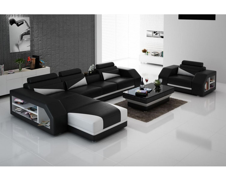 Jubilee Landy Right Hand Facing Adjustable Headrest Sectional with Coffee Table - Black/White, Bonded Leather