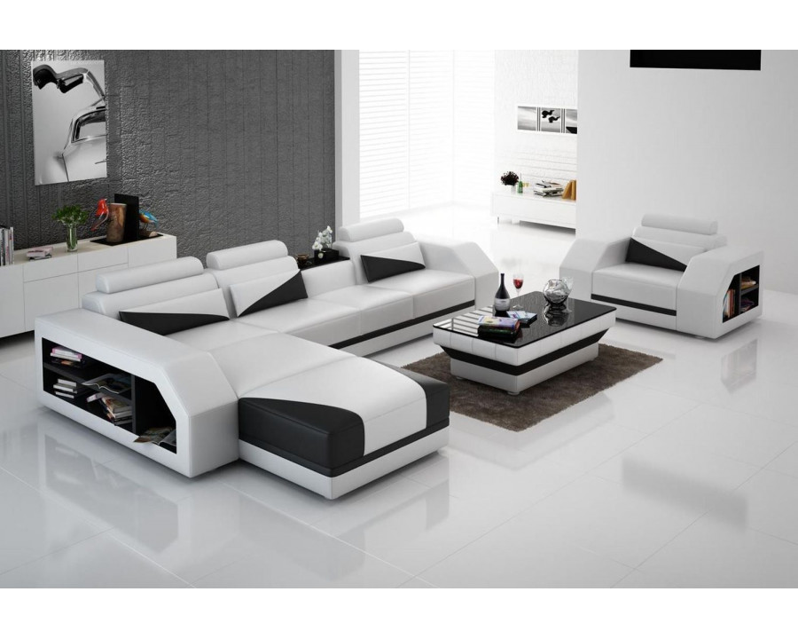 Jubilee Landy Right Hand Facing Adjustable Headrest Sectional with Coffee Table - White/Black, Bonded Leather