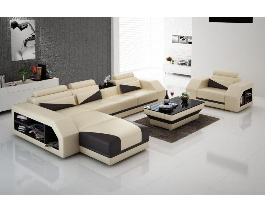 Jubilee Landy Right Hand Facing Adjustable Headrest Sectional with Coffee Table - Beige/Dark Brown, Bonded Leather