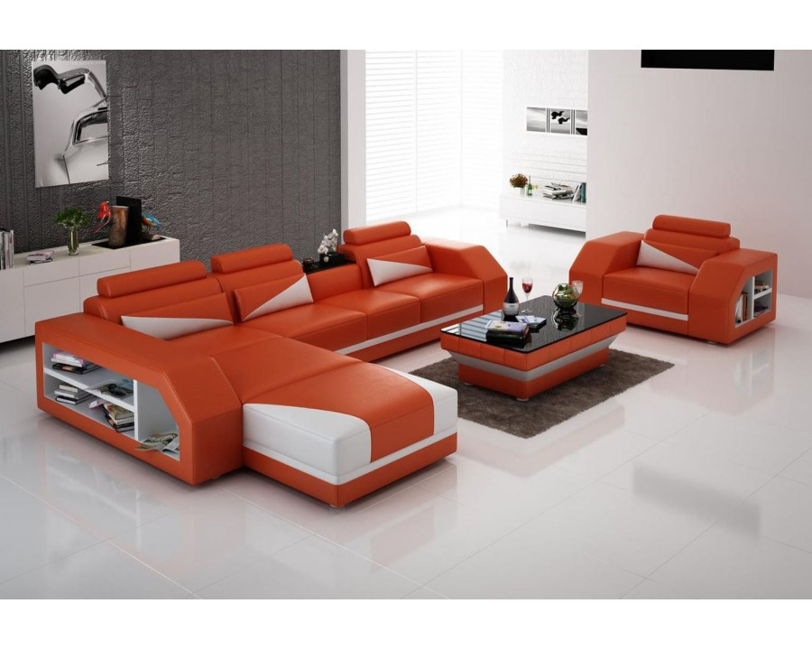 Jubilee Landy Right Hand Facing Adjustable Headrest Sectional - Orange/White, Bonded Leather