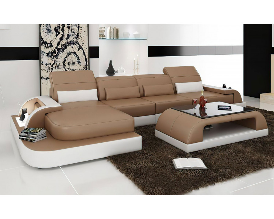 Jubilee Brosnan Left Hand Facing Sectional with Led - Tan/White, Bonded Leather