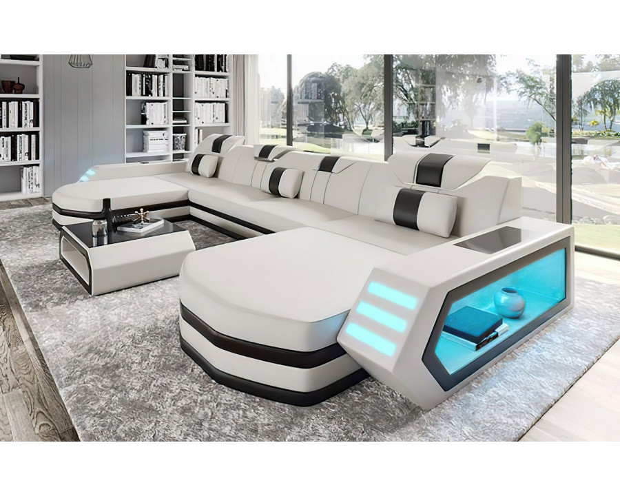 Jubilee Keenan Modern U-Shape Sectional with Leds - White/Black, Bonded Leather