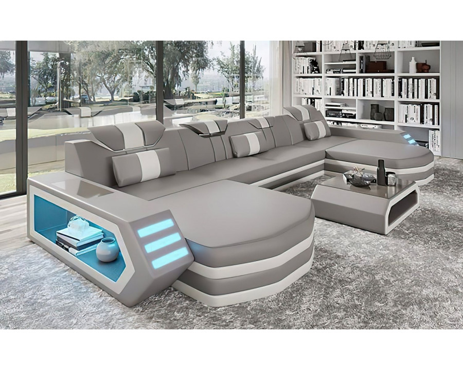 Jubilee Keenan Modern U-Shape Sectional with Leds - Gray/White, Bonded Leather