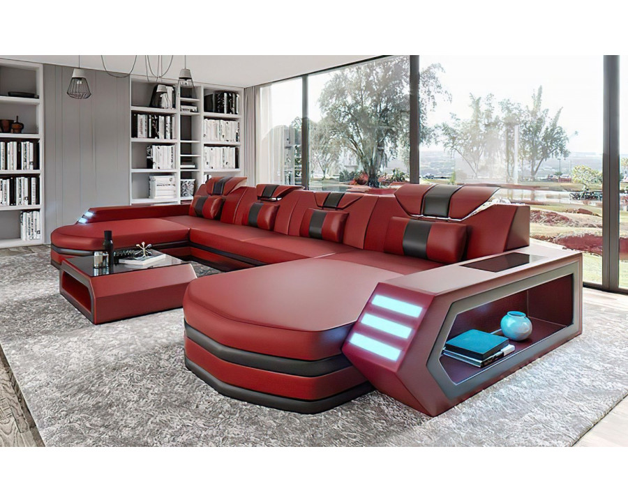 Jubilee Keenan Modern U-Shape Sectional with Leds - Red/Black, Bonded Leather