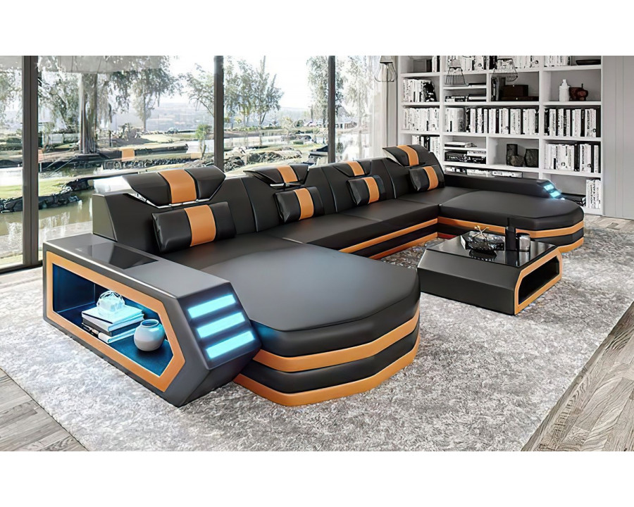 Jubilee Keenan Modern U-Shape Sectional with Leds - Black/Orange, Bonded Leather