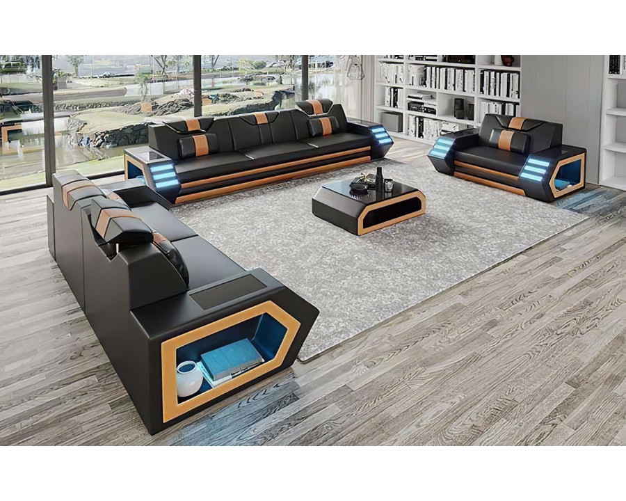 Jubilee Steffi Sofa Set with Led - Black/Orange, Bonded Leather