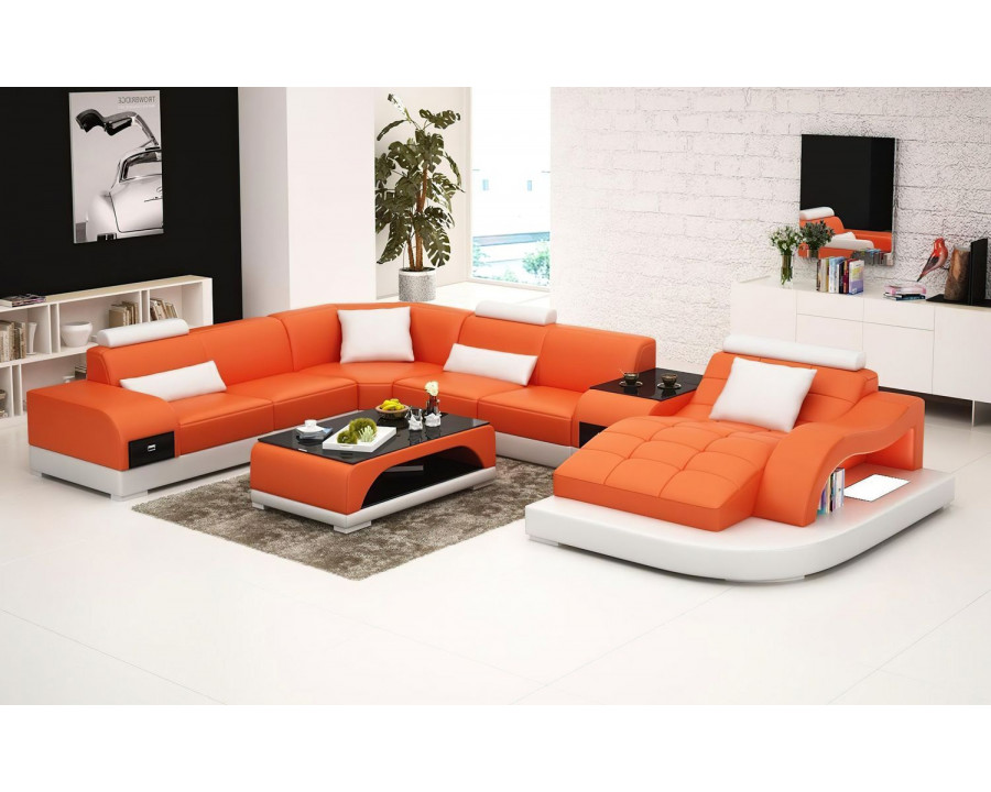 Jubilee Browns Led Left Hand Facing Sectional with Shape Chaise - Orange/White, Bonded Leather