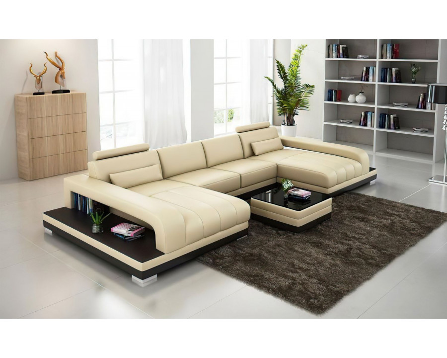 Jubilee Heather Small U-Shape Sectional with Chaise - Beige/Dark Brown, Bonded Leather