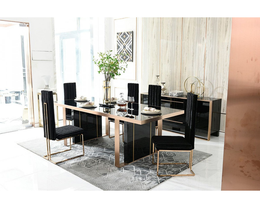 Jubilee - Dannis Dining Table in Black High Gloss/Rosegold, Glass/Stainless Steel