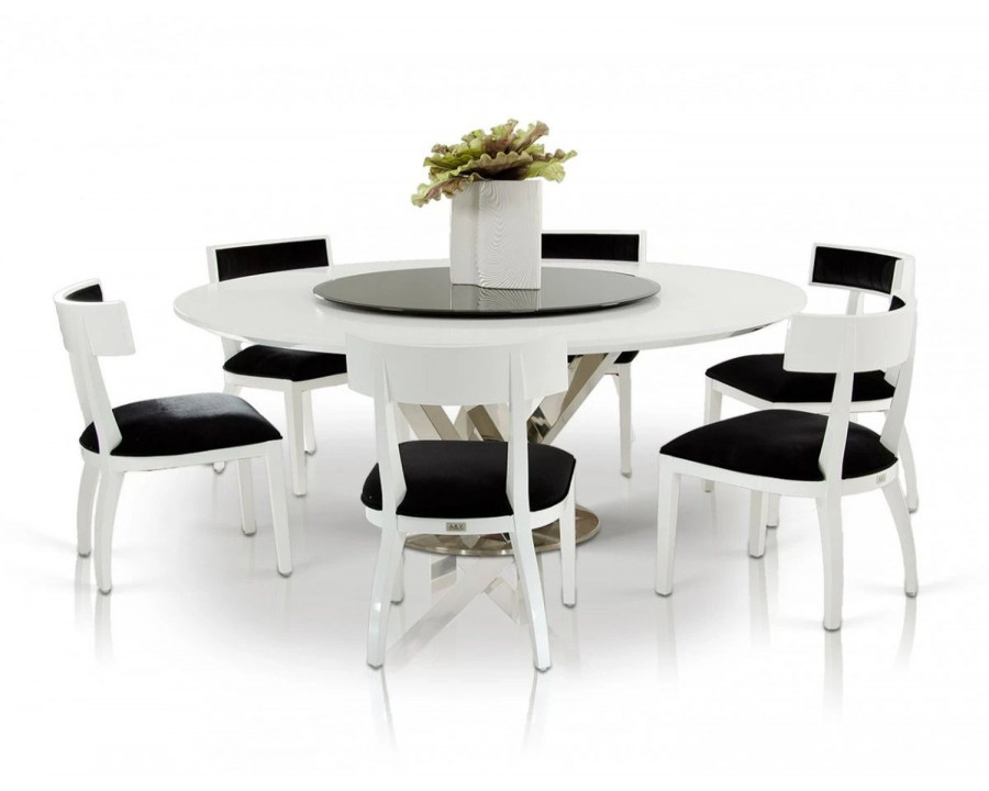 Jubilee - Aquiton Modern Round Dining Table in White Crocodile Lacquer/Black, Glass/Stainless Steel