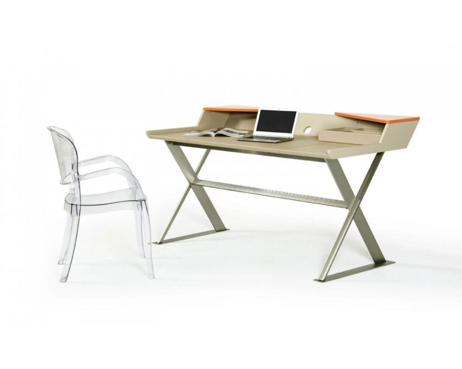 Jubilee - Brasey Modern Office Desk in Beige/Orange, Leather