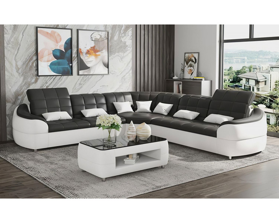 Jubilee Aumin Modern Corner Sectional with Adjustable Headrest - Black/White, Bonded Leather