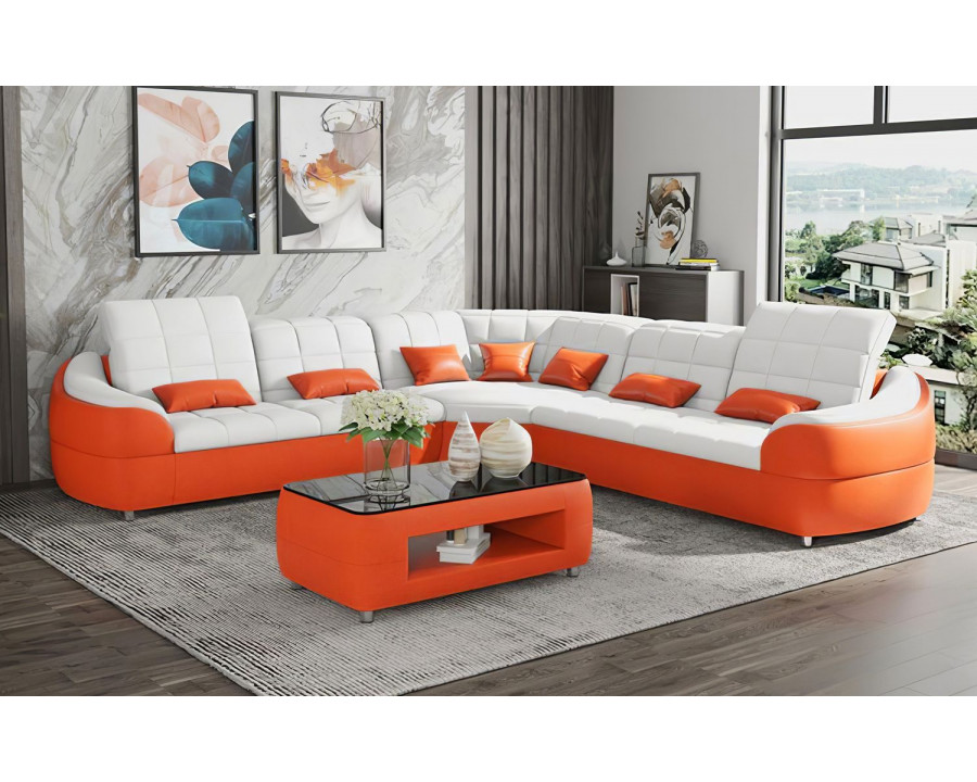 Jubilee Aumin Modern Corner Sectional with Adjustable Headrest - White/Orange, Bonded Leather