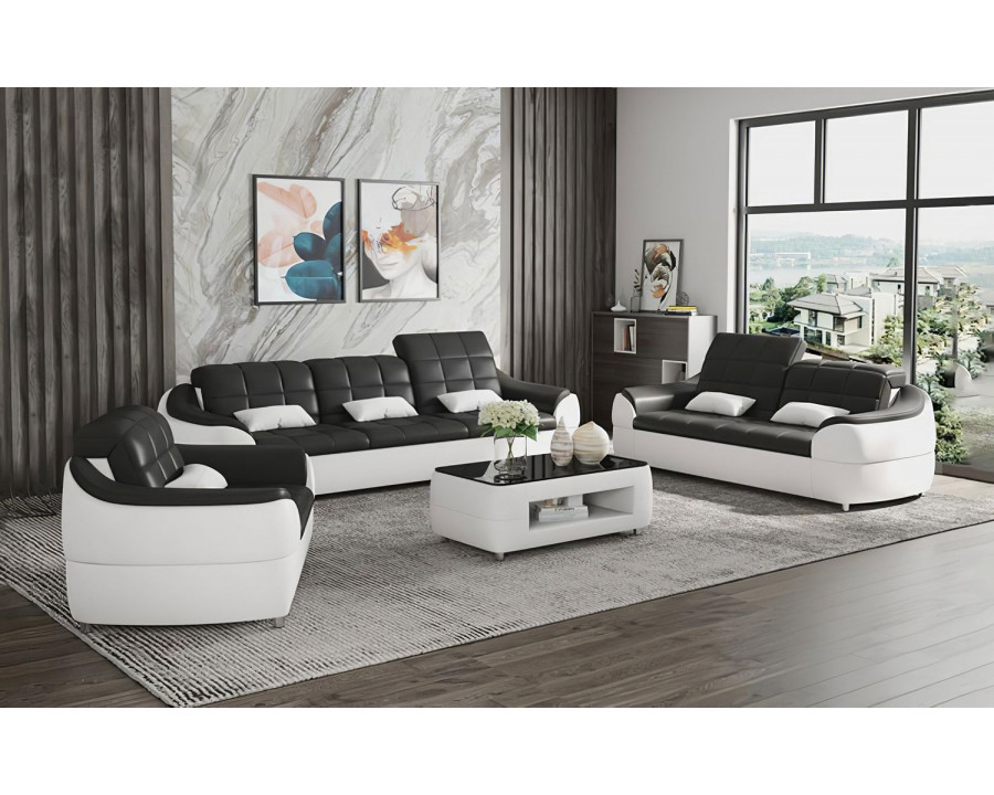 Jubilee Aumin Modern Sofa Set with Adjustable Headrest - Black/White, Bonded Leather