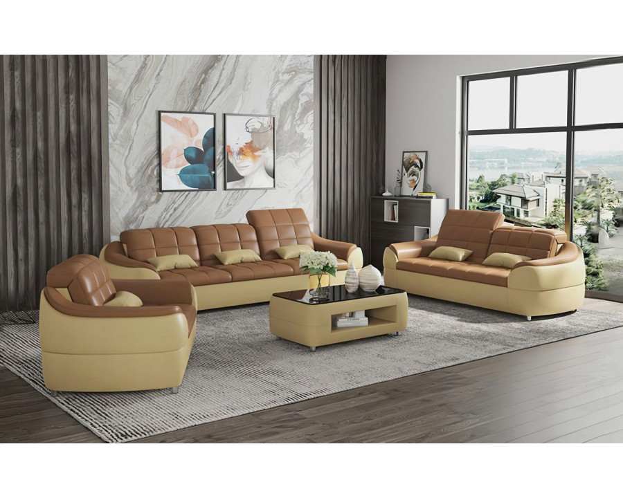 Jubilee Aumin Modern Sofa Set with Adjustable Headrest - Tan/Beige, Bonded Leather