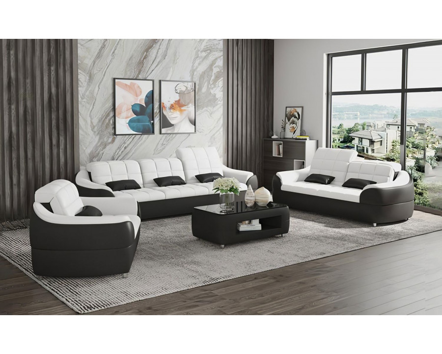 Jubilee Aumin Modern Sofa Set with Adjustable Headrest - White/Black, Top Grain Italian Leather