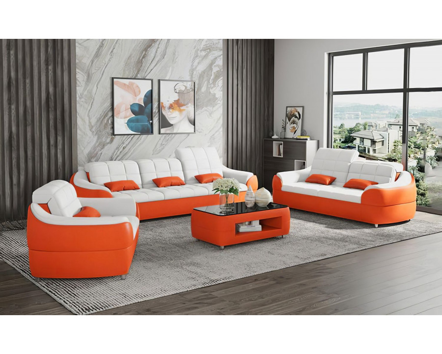 Jubilee Aumin Modern Sofa Set with Adjustable Headrest - White/Orange, Bonded Leather