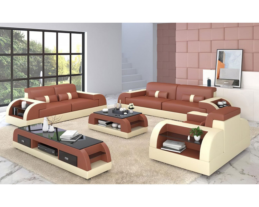 Jubilee Piliu Sofa Set with Side Storage - Brown/Beige, Top Grain Italian Leather