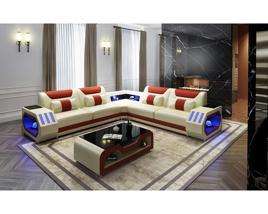 Jubilee Omont Corner Sectional with Led - Cream/Orange, Bonded Leather