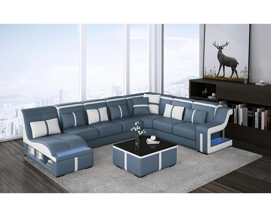 Jubilee Lisa Modern U-Shape Left Hand Facing Sectional - Blue/White, Bonded Leather