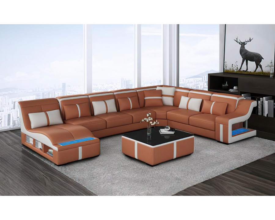 Jubilee Lisa Modern U-Shape Left Hand Facing Sectional - Brown/White, Bonded Leather