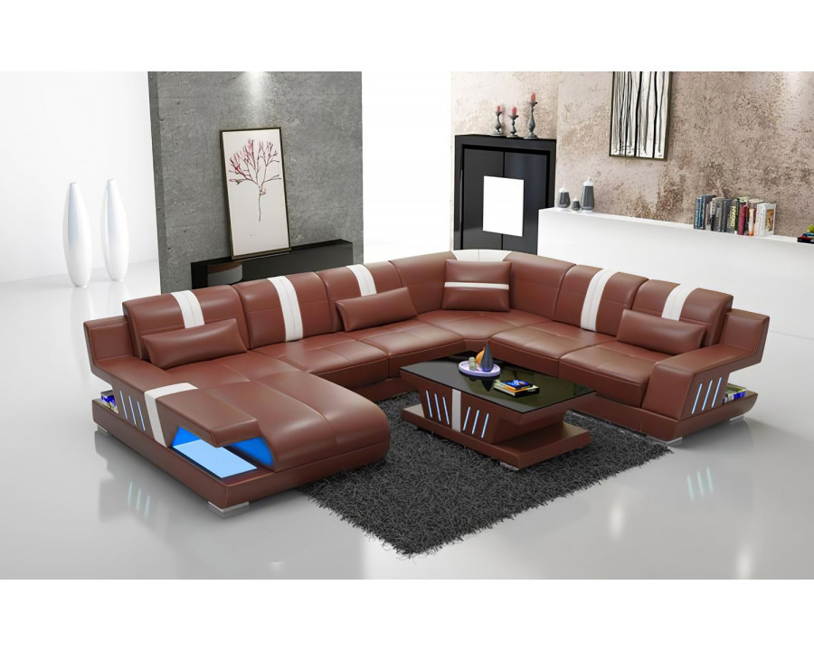 Jubilee Yuli Modern U-Shape Left Hand Facing Sectional - Brown/White, Bonded Leather